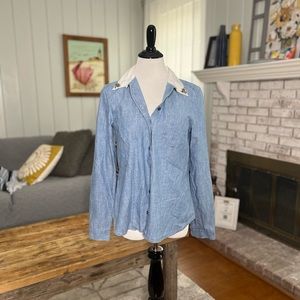 Loft Womens Small Jean Denim Button Blouse Blue Embellished Shirt Cotton